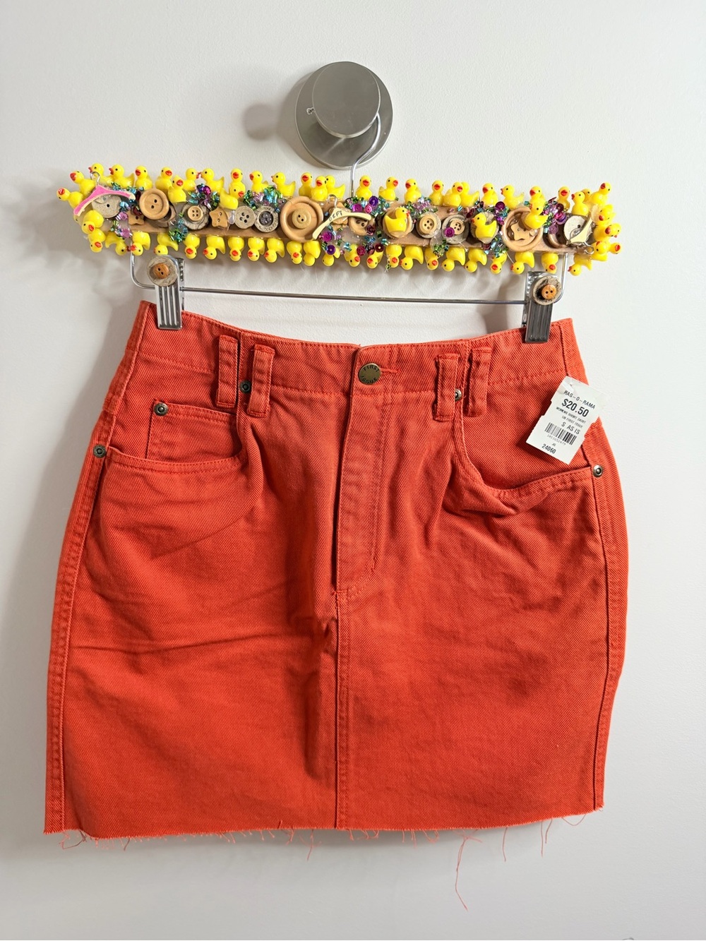 Women's Orange Denim Mini Skirt — Clean Front Pocket Style